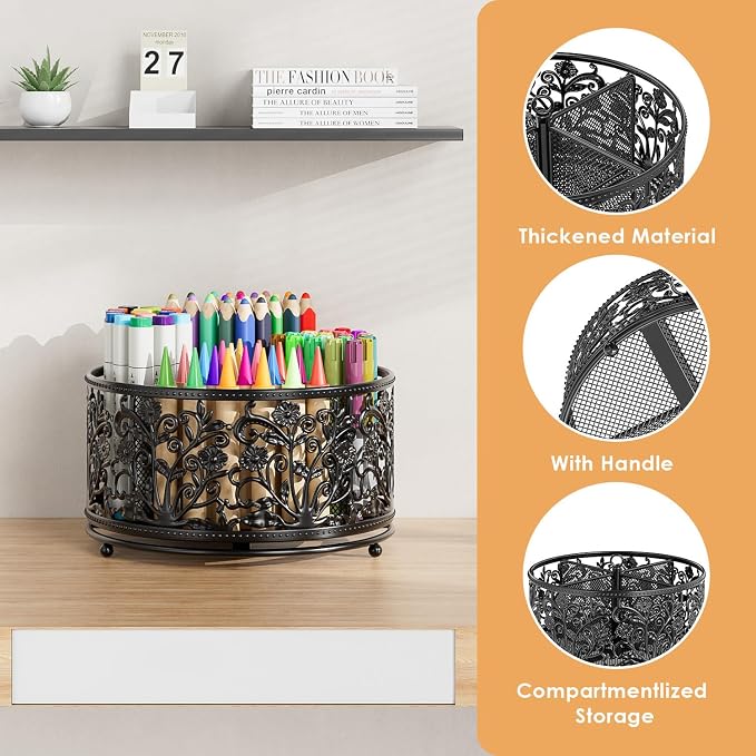 EKNITEY Pencil Holder for Desk - 360° Rotating Pen Holder Organizer Caddy | Sturdy Metal, Rotation Smooth, 4 Compartments, Non-Slip Base, Cute Floral Design, for Office Home Classroom School, Black