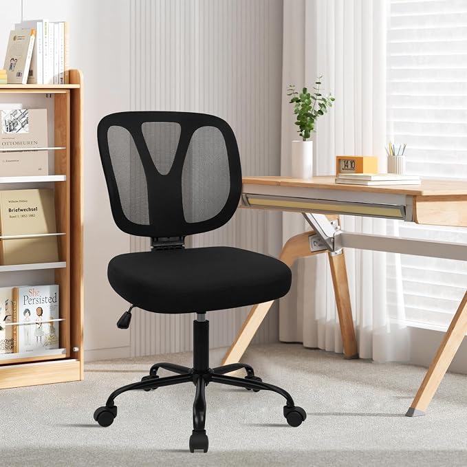 CLATINA Armless Home Office Chair, Adjustable Height Backrest Ergonomic Mesh Desk Chair with Wheels, 360° Swivel Small Computer Task Chair for Home Office, Study, Meeting Room, Black(2 Pack)