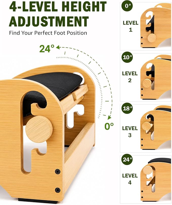 Bulado Wooden Foot Rest Under Desk, Ergonomic 4-Height Adjustable Footrest | Removable Memory Foam Cushion, Non-Slip Base, Stable Design, Office, Home Office, Long Sitting Comfort