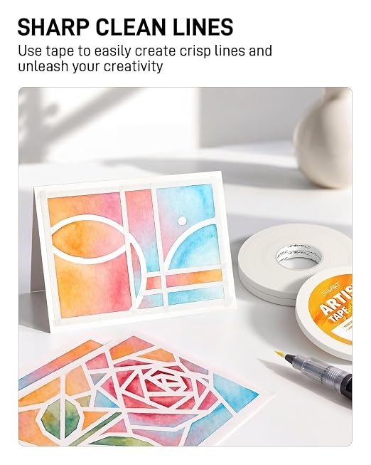 JusArt 3 Packs Artist Tape for Watercolor Paper, 1/4 inch Wide Total 600FT Long, White Art Tape for Masking, Framing and Drafting, Acid Free, Low Tack