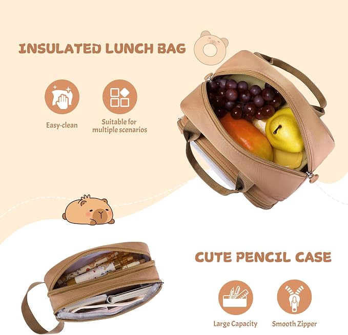 Capybara Backpack for Girls with Headphones - 4PCS Girls Backpack for Kindergarten Elementary Middle High School Travel - 3.5mm Wired Headphones Backpacks Back to School Gift(Beige)
