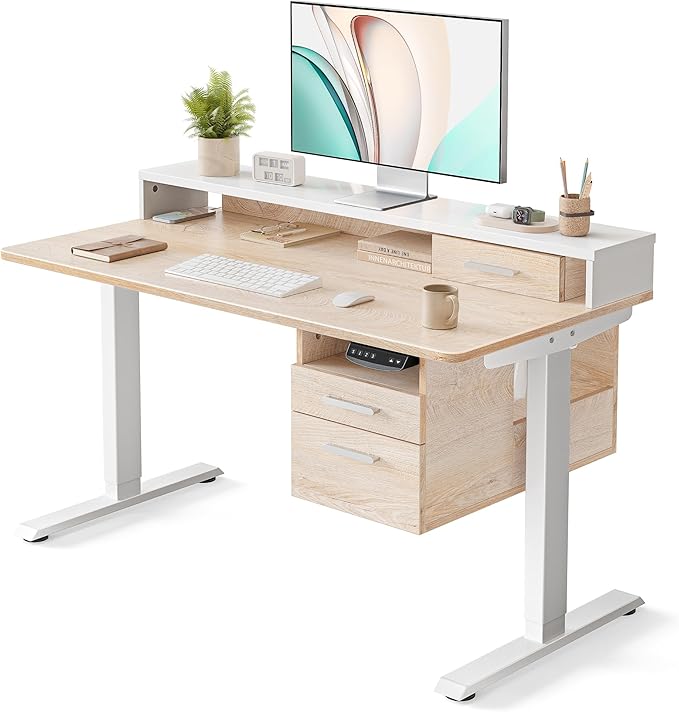 CubiCubi Standing Desk with Wood Drawers, 48" x 24" Electric Height Adjustable Table with Monitor Shelf, 3 Drawers and Open Storage, Computer Home Office Sit and Stand up Workstation, Maple