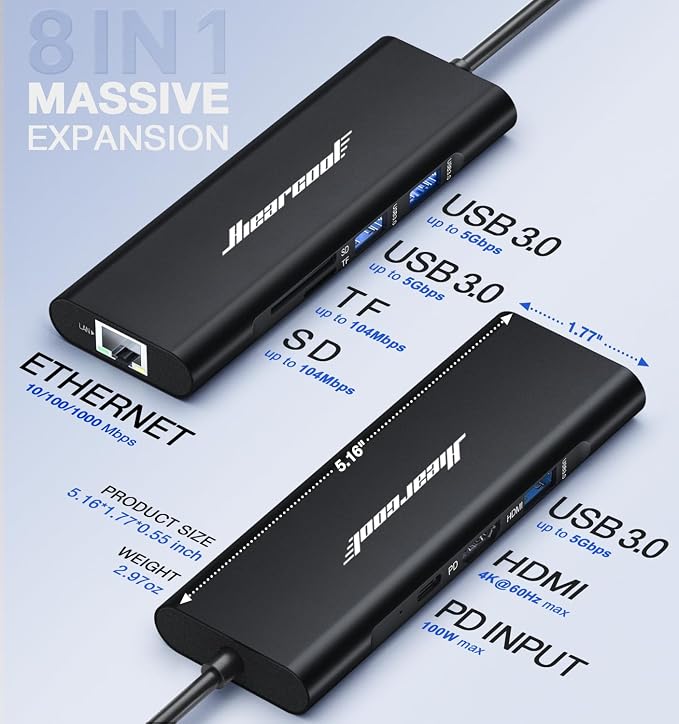Hiearcool USB C Hub, USBC to 4K@60 Hz HDMI Adapter with 100W PD, 8-in-1 USB-C Dongle Multiport Dock Compatible for MacBook Dell Lenovo HP Laptops-Midnight Black