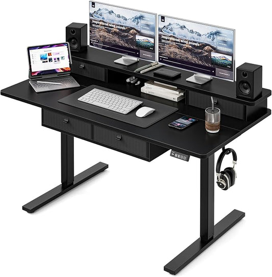 Grandder Electric Standing Desk with Four Drawers, Sit to Stand Up Height Adjustable Desk with Storage Shelf for Home Office, 55 * 28 Inch, Study, Ergonomic Adjustable Computer Desk, Black