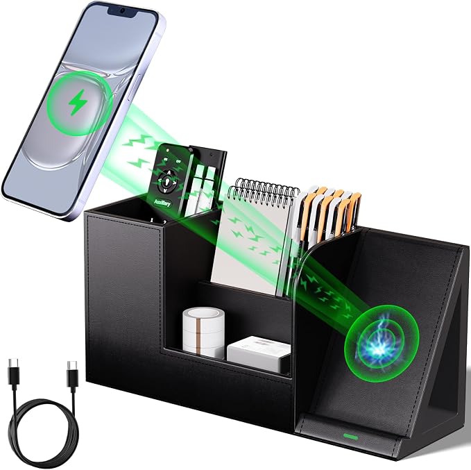 LADSTAG Pen Organizer with Phone Stand,Black Vegan Leather Desk Organizers with Remote Control Holder,Pencil Holder for Desk,Desk Organizer with Phone Charger for Office/Nightstand/Endtable