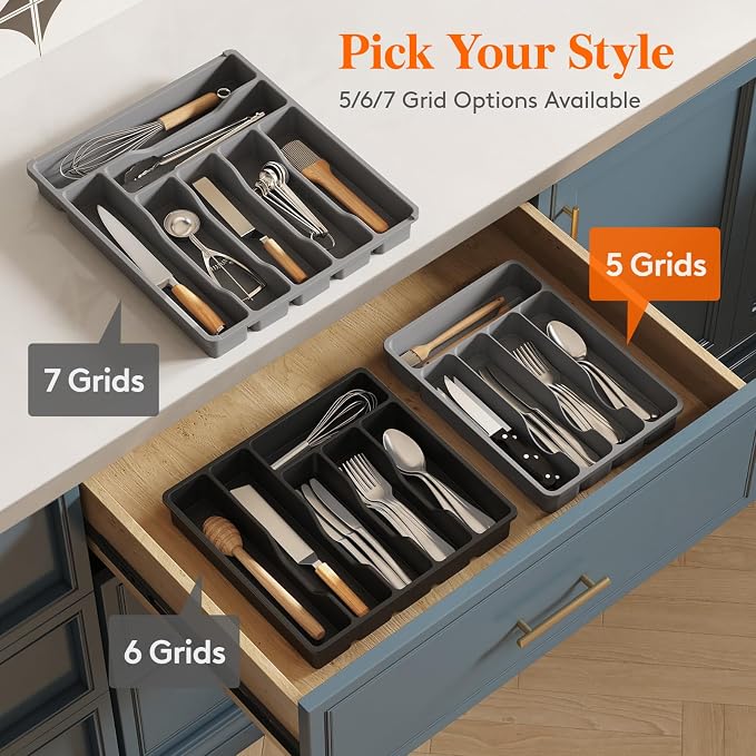 Lifewit Silverware Drawer Organizer Tray, Plastic Cutlery Storage for Kitchen, Flatware and Utensil Holder Divider for Spoons Forks Knives Tableware, 9.1 x 12.6", 5 Slots, Gray