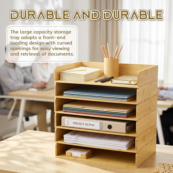 Novabright 6 Pcs Stackable Paper Organizer Tray Acacia Wood Desk Organizer Letter Tray Desktop Letter Size Office Wooden Desk Shelf Paper Holder Folder Organization Rack for File Document(Bamboo)