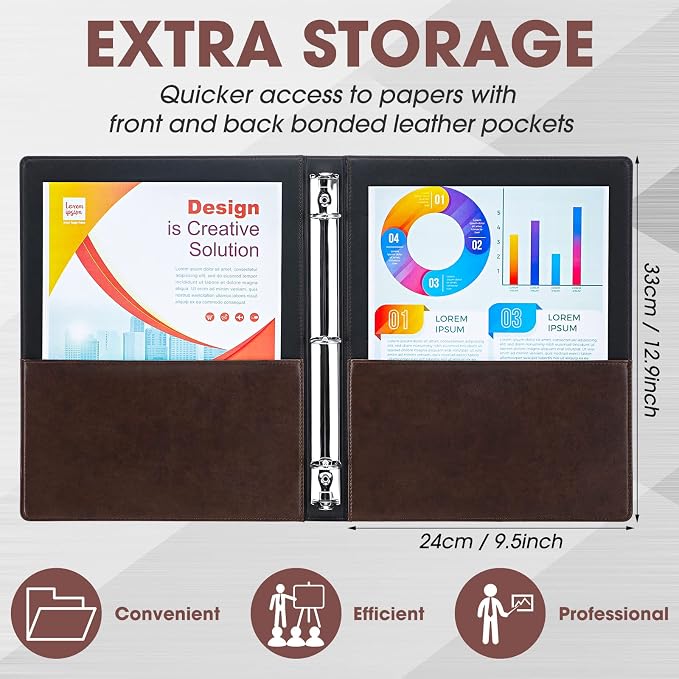 Yexiya 4 Pcs Vintage Hardback 3 Ring Binder Planner Portfolio Leather Round Ring Binder Organizer Holds 200 Sheets with 2 Inner Pockets, 13 x 10 Inch(1 Inch,Black, Brown)