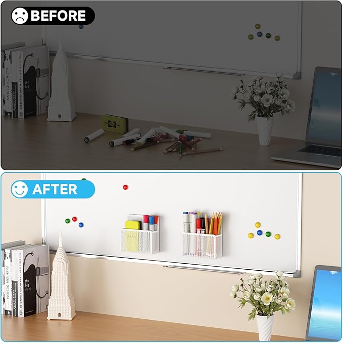 Marbrasse Magnetic Dry Erase Marker Holder, Mesh Pen Holder for Whiteboard，Magnet Pencil Organizer Storage for Refrigerator Locker Accessories Organizer for Home, School and Office(White)