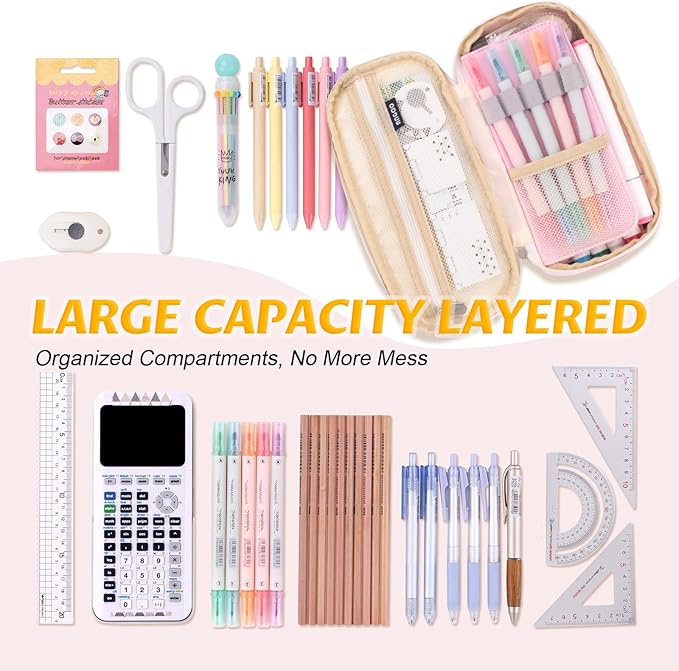 EASTHILL Big Capacity Pencil Pen Case Office College School Large Storage High Capacity Bag Pouch Holder Box Organizer Blue (Pink)