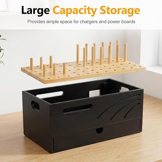 Homde Office Charging Station Organizer: 2 Layer Charger Holder (Black) | Bamboo Electronic Docking Stand for Multiple Devices Tablets Phones - Drawer for Home