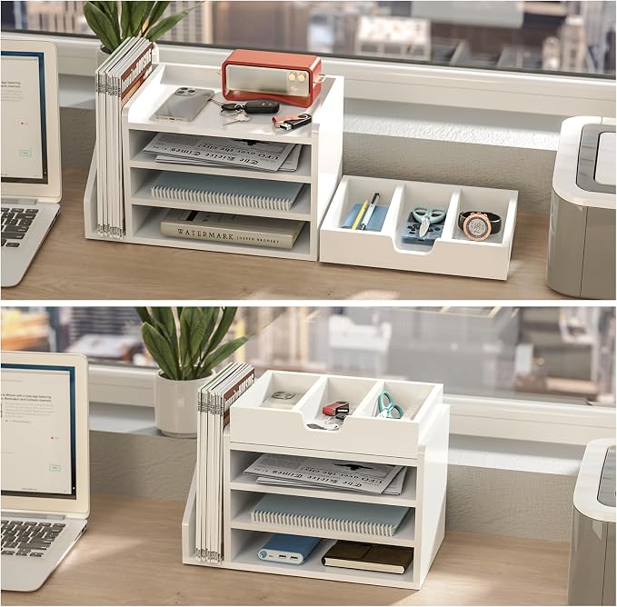 Multi-Tier Wood Desk File Organizer with Side File Rack, 3 Tray Shelves & Adjustable Drawer - Space-Efficient Design Easy to Assemble for Efficient Office Setup, Reduces Desk Clutter (White)