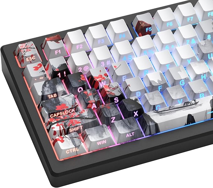 Womier PBT Keycaps Set 130 Keys, Custom White Japanese Keyboard Doubleshot Dye Sub Side Print Shine Through Keycaps 60 65 75 100 Percent, Cherry Profile (Plum Blossom)