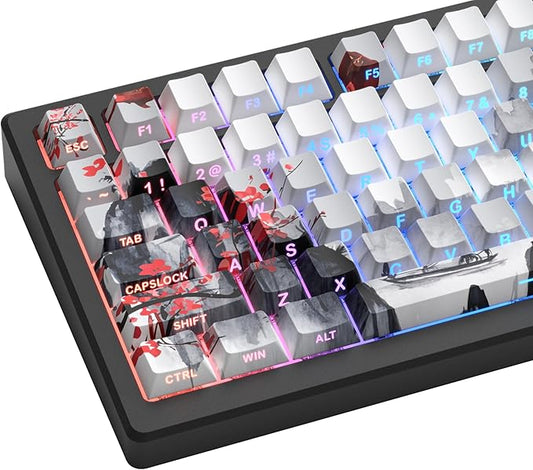 Womier PBT Keycaps Set 130 Keys, Custom White Japanese Keyboard Doubleshot Dye Sub Side Print Shine Through Keycaps 60 65 75 100 Percent, Cherry Profile (Plum Blossom)