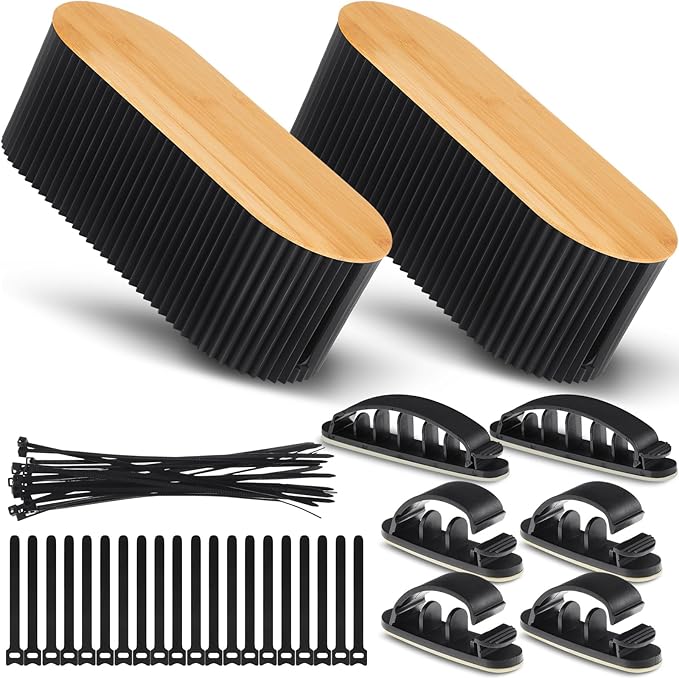 2 Pcs Cable Management Box, Fits Most Power Sockets, 11.8x5.1x4.3 in | Hides Cords & Power Sockets, Bamboo Lid, Beige & Black Options, Includes 48 Accessories, Home Office Desk or Floor Use