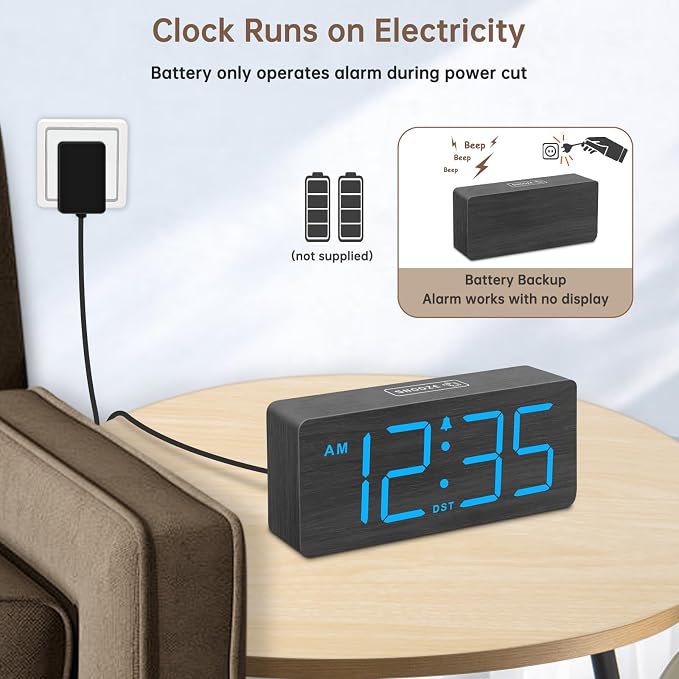 DreamSky Wooden Digital Alarm Clock for Bedroom with Large Numbers | Desk Clocks for Living Room, Dimmer, Loud Alarm for Heavy Sleepers with Volume Control, DST, Office Wood Decor (Plug-in)