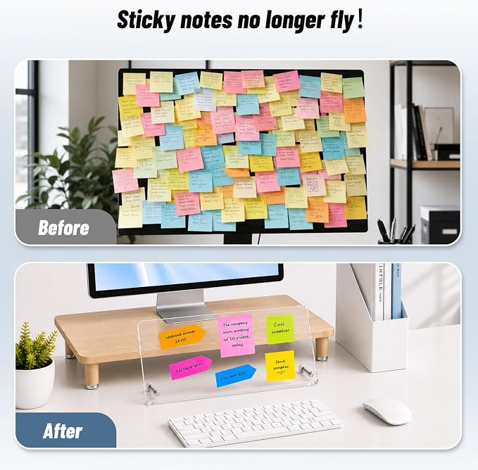Monitor Memo Board Holder – 14"x5.5"Sticky Note for Desktop Office | Glue-Free, Acrylic Clear Portable, Movable & Reusable, Computer Screen Saver, Monitor Sticky Note Holder for Home Decor