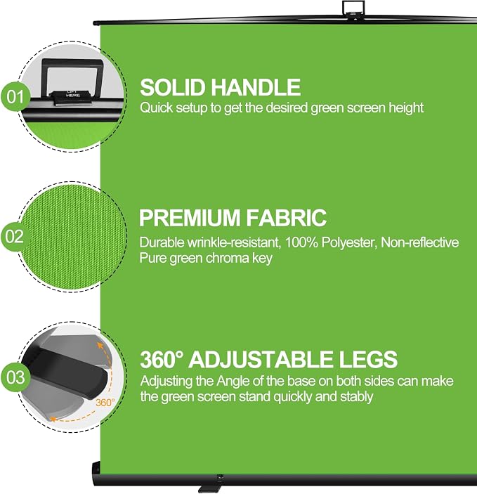 FUDESY 78.7 x 90in Large Collapsible Green Screen Chroma Key Panel, Portable Retractable Wrinkle Resistant Green Backdrop for Streaming, Video Conference, Tiktok, Auto-Locking Frame