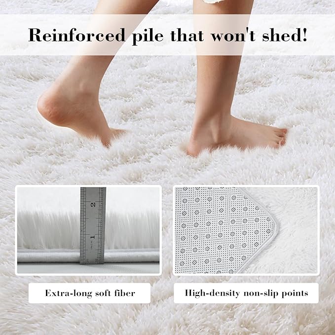 Fluffy Rug Shag Area Rug, White 5x8 Area Rugs for Bedroom, Small Bedside Rug, Soft Fluffy Shag Entryway Throw Rugs for Living Room Bedroom Room Home Decor