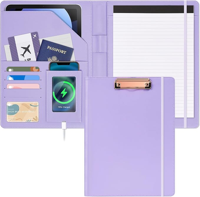 Ospelelf Foldable Leather Clipboard Folio with Notepad 8.5 x 11, Purple Business Padfolio for Women Portfolio Organizer
