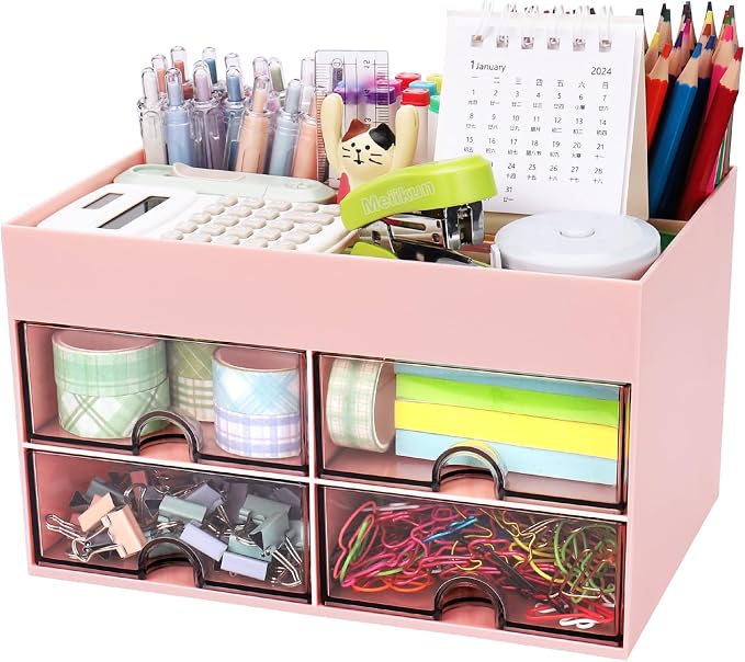 Meiikun Desk Organizer, Office Organizer with Drawer, Desk Accessories & Workspace Organizers, Pen Holder Office Supplies for Desk (4 Drawers+4 Compartments, Pink)
