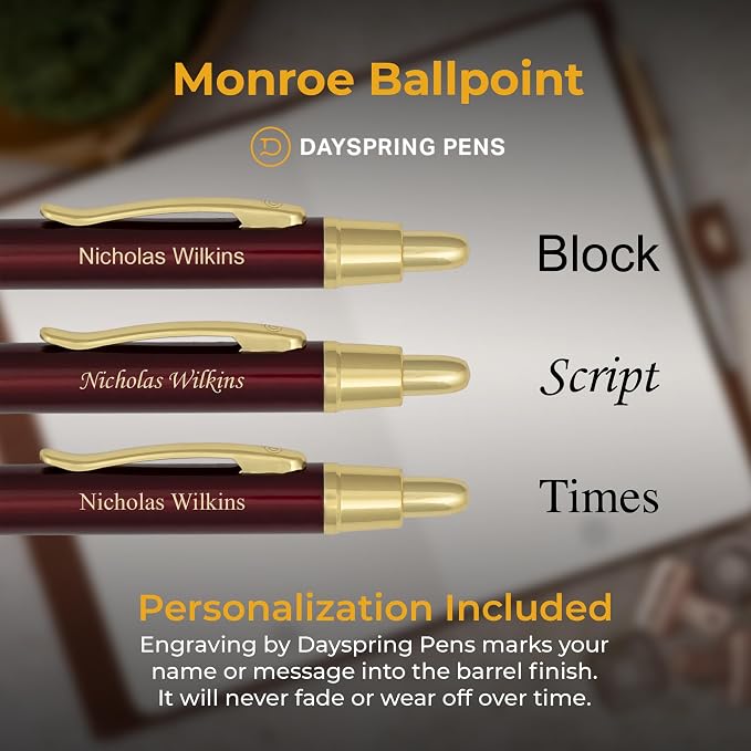 Dayspring Pens Monroe Red Ballpoint Pen, Ruby Red with 18k Gold Trim, Engraved, Click Action, All Metal, Medium Point Black Ink, Gift for Graduation, Birthdays, Career Advancement, Gift Box Included