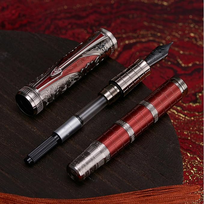 Hongdian D5X Fountain Pen Red Color Medium Nib, Qin Dynasty Retro Chinese Totem Engraving Smooth Writing Pen with Converter and Pen Box Set