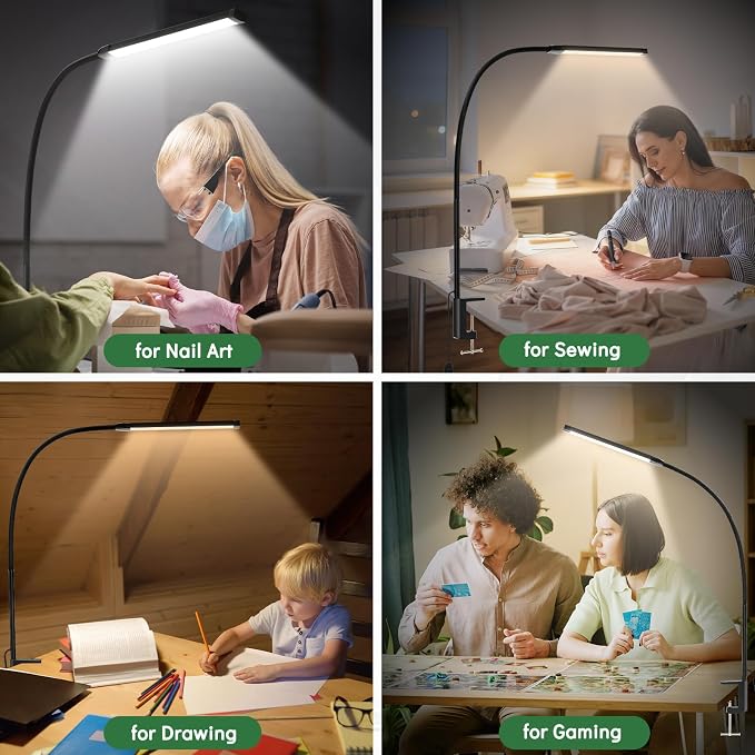 Clamp Lamp for Desk, Eye-Caring LED Clip Light (Black) | 27" Tall Flexible Arm, 3 Color Modes 10 Brightness, USB-Powered with 5V/2A Adapter