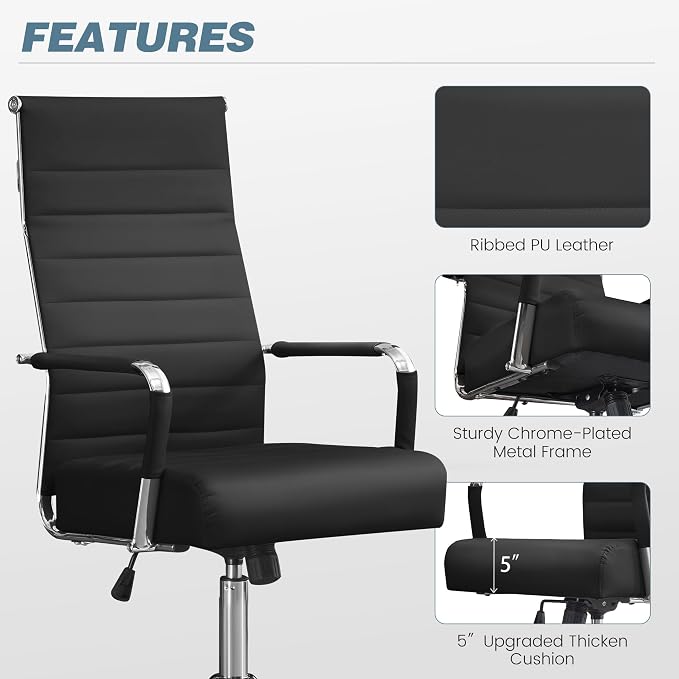JOMEED Office Desk Chair,Conference Room Chair,High Back PU Leather Swivel | Modern Executive Ribbed Design, Ergonomic, Height Adjustable, Wheels and Arms, for Home Office(Black-Silver Frame)