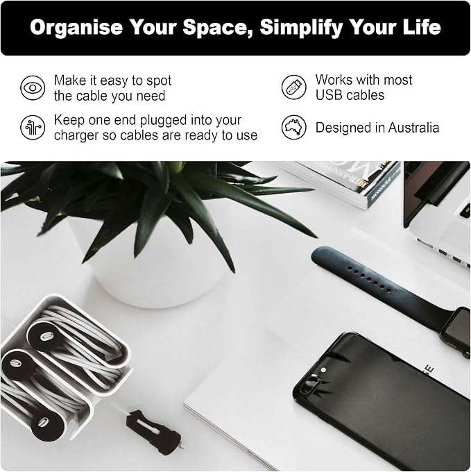 Cable Organizer with Multiple Compartments, Secure Cable Ends, Prevent Tangling, Tidy Workspace, Charging Solution, Desk Organizer Cord Management, White Plastic
