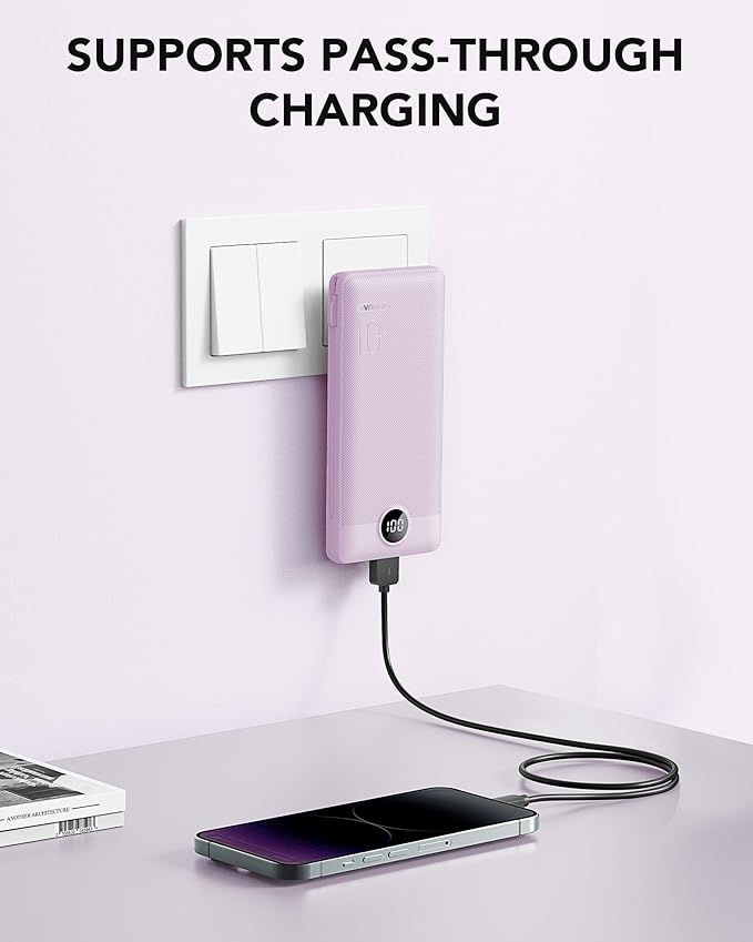 VRURC Portable Charger Built-in Cables and AC Wall Plug,Power Bank 10000mAh | Travel Essentials Phone Charger Compact Lightweight External Battery Pack for Smart Phones, Tablets etc (Purple)