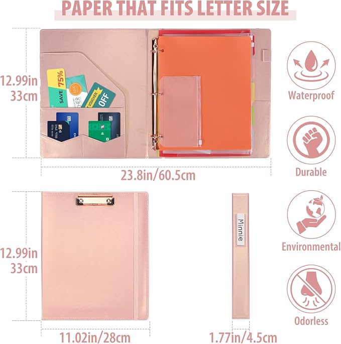 Leather Binder Portfolio with Clipboard 1 Inch, 13" × 11" PU Clipboard Binder with Notepad, 5 Dividers with Pockets, Removable Folder,Labels,Great for School Office(Fit Letter Sized Paper)