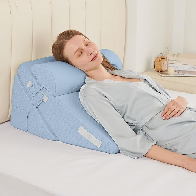 Sasttie Adjustable Wedge Pillow Set for After Surgery, Blue | Bed Wedge Pillow Headboard with Memory Foam Neck Cushion, for Acid Reflux, Sleeping, Neck & Back Support