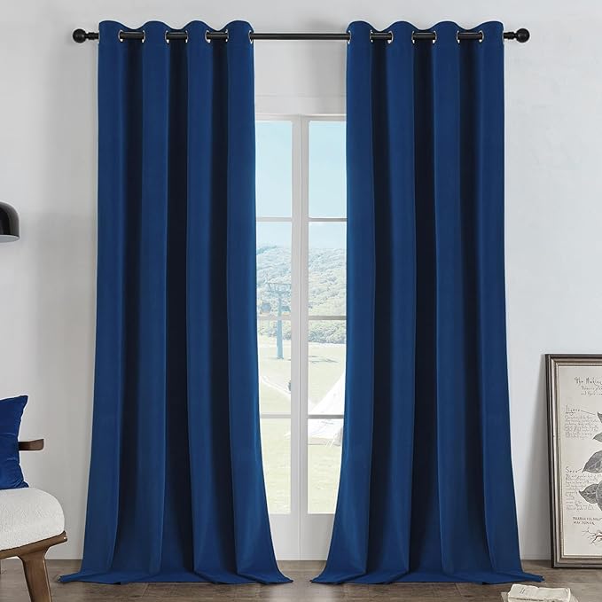 Joydeco Royal Blue 100% Blackout Curtains 108 Inch 2 Panels, Luxury Thermal Royal Blue Velvet Curtains for Bedroom Living Room, Soundproof Blackout Window Drapes, Grommet Top (52W x 108L)
