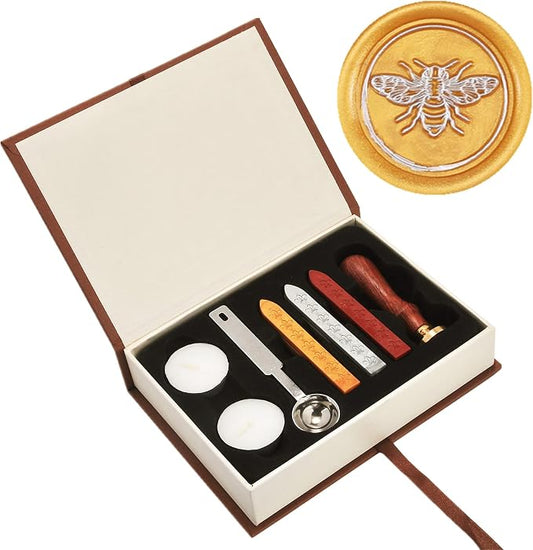 Yoption Wax Seal Stamp Kit, Bee Sealing Stamp with Gold Red Silver Sealing Wax Sticks Gift Box Set for Invitations, Cards, Letters, Gift Idea