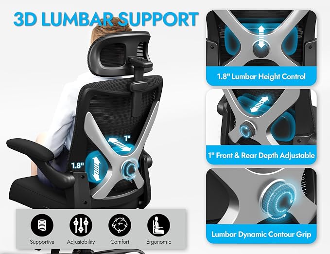 Ergonomic Office Chair: Mesh Desk Chair Comfy with Headrest& Lumbar Support | Ergalithic Big and Tall Office Chairs with Wheels & Flip-Up Arms-Computer Gaming Chairs for Adults (Black-Pack of 4)