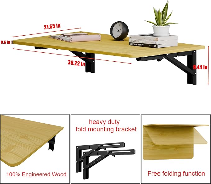 Floating Foldable Desk,Wall Mounted - Folding Computer Table with Engineered Wood,Study Table with Shelf Brackets,Fold Down Shelf,Fold Computer Desk for Small Spaces,Holds 300 lb,36" x 22" Natural