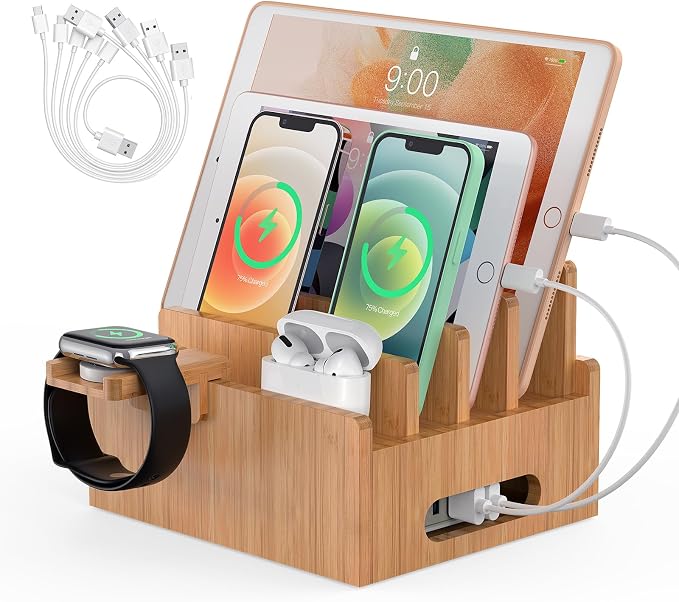 Pezin & Hulin Cell Phone Charging Stations with Watch Holder | Bamboo Dock Organizer for Multi Devices, Tablets, Smart Watch, No Power Charger Supply