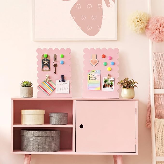 Gueevin 2 Pcs Magnet Board Standing Magnetic Metal Board for Desk and Wall Scalloped Magnetic Display Stand for Memos Photos and Documents Home Office School Desk Storage Decoration(Pink,Large)