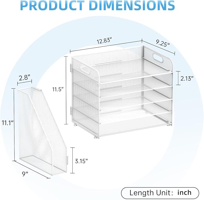 5-Tier Desk Organizer with File Holder, Paper Organizer for Desk, White | 5 Letter Trays and Vertical File Holder with Metal Mesh Frame for Papers Folders Books and Mail in Office Home or School