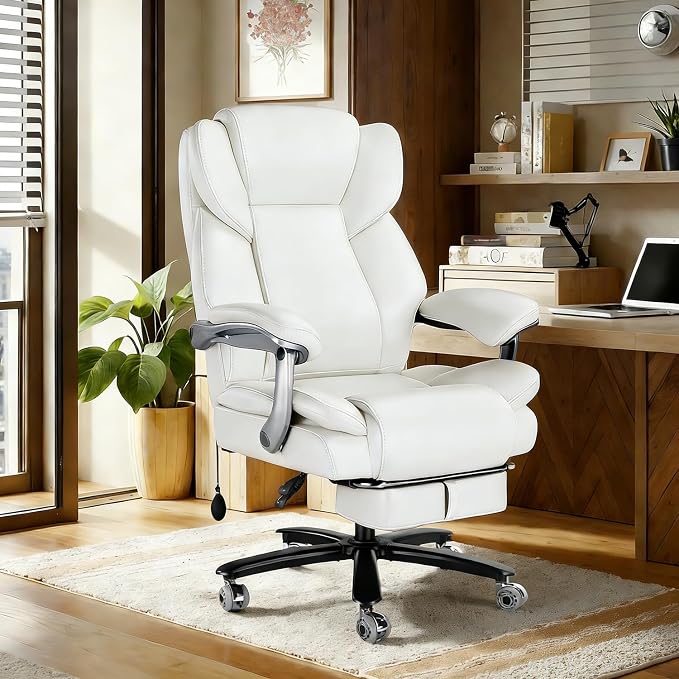 WAILOR 600lbs Big and Tall Office Chair for Heavy People,Heavy Duty Comfy Executive Office Desk Chair with Adjustable Lumbar Support,High Back Reclining PU Leather Computer Chair (Classic, White)