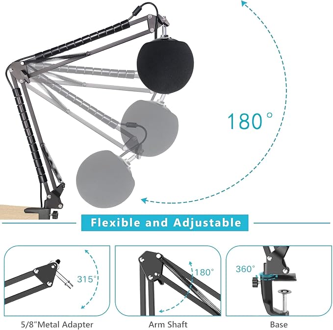 Snowball iCE Mic Boom Arm Stand with Pop Filter, Compatible with Blue Snowball Ice USB Microphone with Cable Sleeve by SUNMON