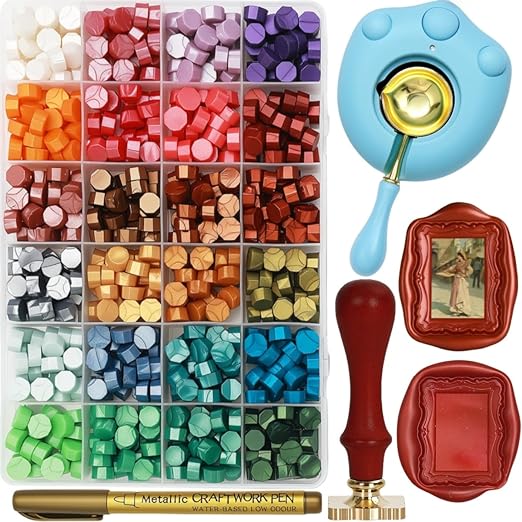 ONWINPOR Frame Wax Stamp Set, 624Pcs Sealing Stamp Beads Kit with Electric Wax Seal Warmer, 3D Embossed Frames Relief Carve Stamps Waxing, Gold Pen, Tweezer (Set02)