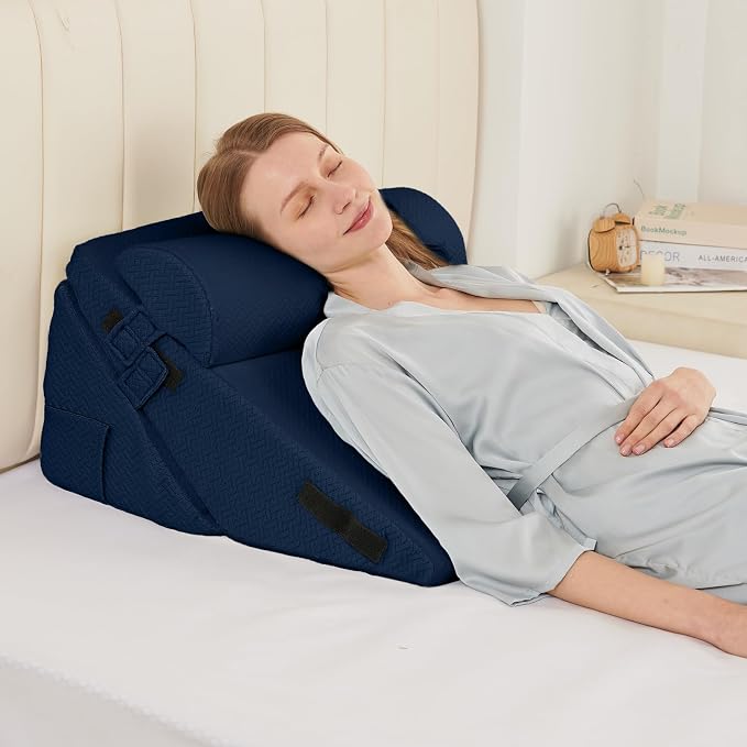 Sasttie Adjustable Wedge Pillow Set for After Surgery, Navy | Bed Wedge Pillow Headboard with Memory Foam Neck Cushion, for Acid Reflux, Sleeping, Neck & Back Support