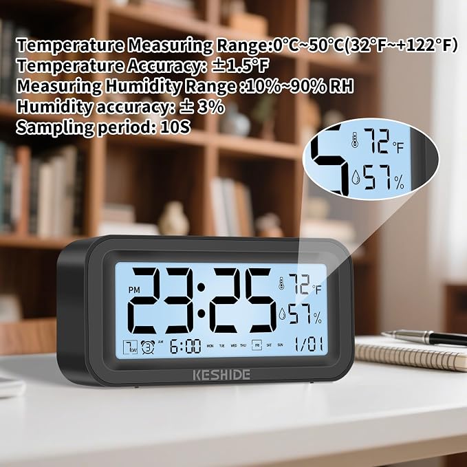 Night Light Digital Alarm Clock Battery Operated with Indoor Temperature Humidity, Desk Small Clock,Snooze Model,12/24H Display for Bedrooms Heavy Sleepers Kids Travel Bathroom (Black)