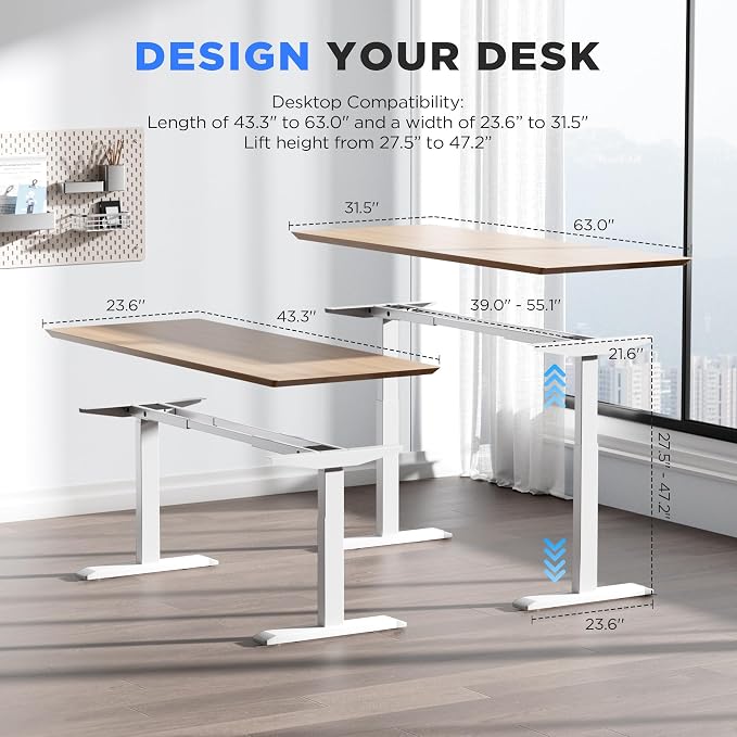 Dual Motor Electric Standing Desk Frame - 300 lbs Heavy Duty, 3 Memory Height Presets - Sit Stand Desk Frame, Computer Height Adjustable Desk Legs & Base for 43.3"-63" Desktop, White Frame Only