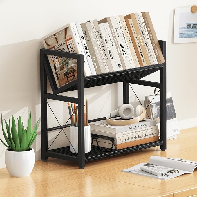 ELITEROO Desktop Bookshelf, 2 Tier Desk Book Organizer Shelf, Wood Tabletop Bookshelf Storage, Small Desk Top Bookcase for Office, Home, or Study, Mini Table Book Rack for Display, Black