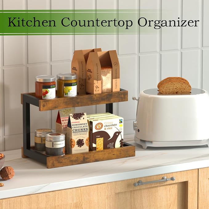 MARTY Counter Shelf Organizer, 2 Tier Spice Rack for Countertop, Brown | Coffee Bar/Station/Syrup Organizer for Countertop, 15.75''Lx8.9"W Large Desk Shelf Riser, for Kitchen Bathroom Bedroom Office