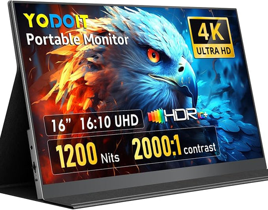 Yodoit 4K Portable Monitor, 16" 3840×2400 UHD IPS Travel Screen 1200nit Sunlight-Readable with 145% sRGB, 2000:1 Contrast for Photo Editing Outdoor Work Compatible with Laptop PC Mac PS5 Black