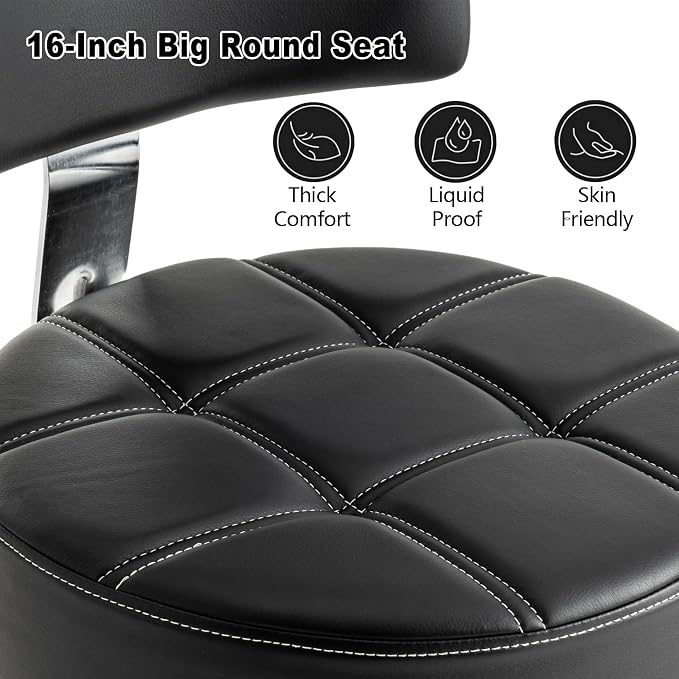Lockable Stool with Back and Foot Rest Ergonomic Rolling Hydraulic Adjustable Stool for Doctor Esthetician Artist Home Small Office Desk (Black, 19.5''-24.5'')